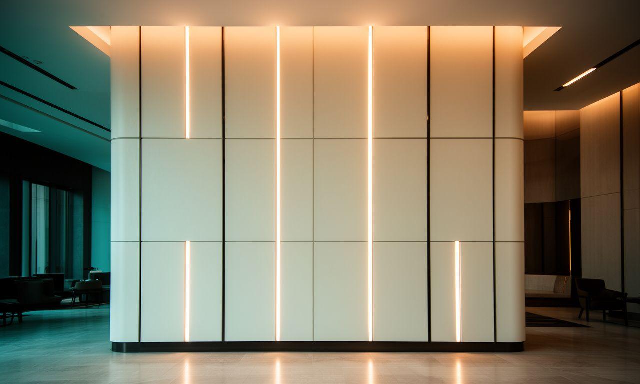 Massgefertigte Wandpaneele in einer modernen Zürcher Lobby mit warmen Lichtlinien und präzisen Fugen