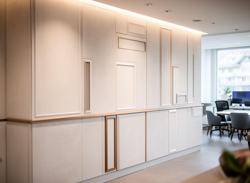 Individuelle Rezeptionswand mit massgefertigten Paneelen in einem Zürcher Interior-Projekt