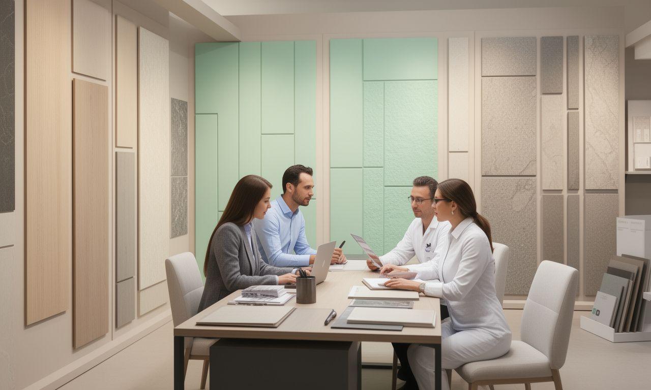 Modern wall panel showroom with a customer speaking to a specialist at a long consultation desk in Zürich