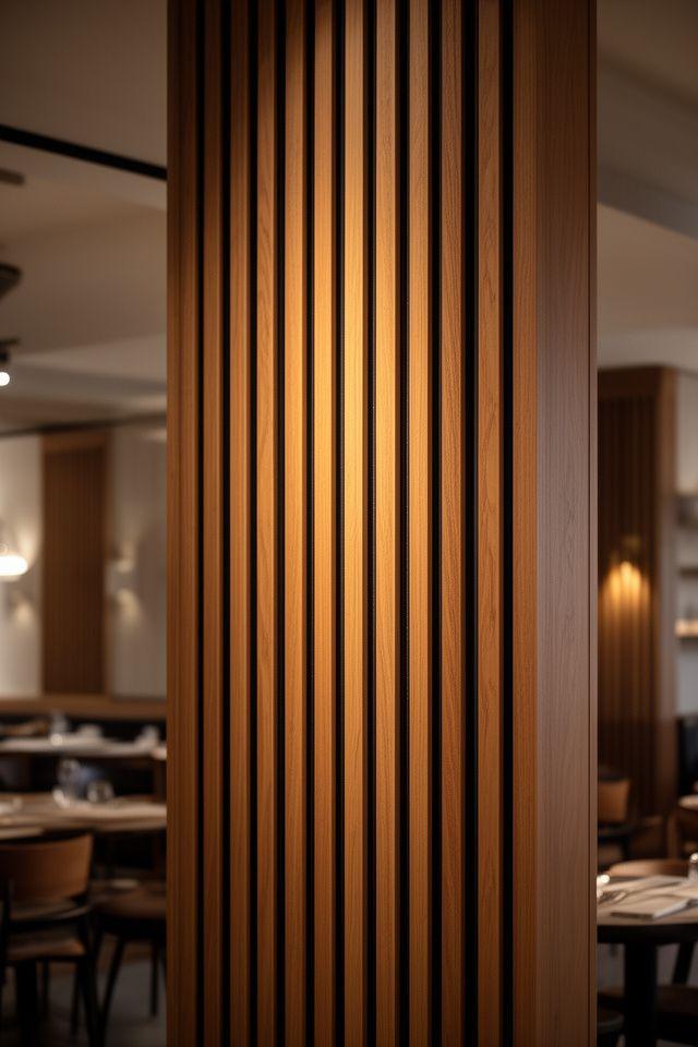 Restaurant mit vertikal strukturierten Wandpaneelen, warmem Holzton und präzisen Schattenfugen
