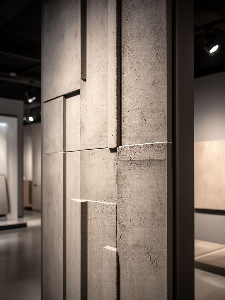 Grossformatige Betondesign-Paneele in einem modernen Showroom mit rauer Oberfläche und Schattenfugen