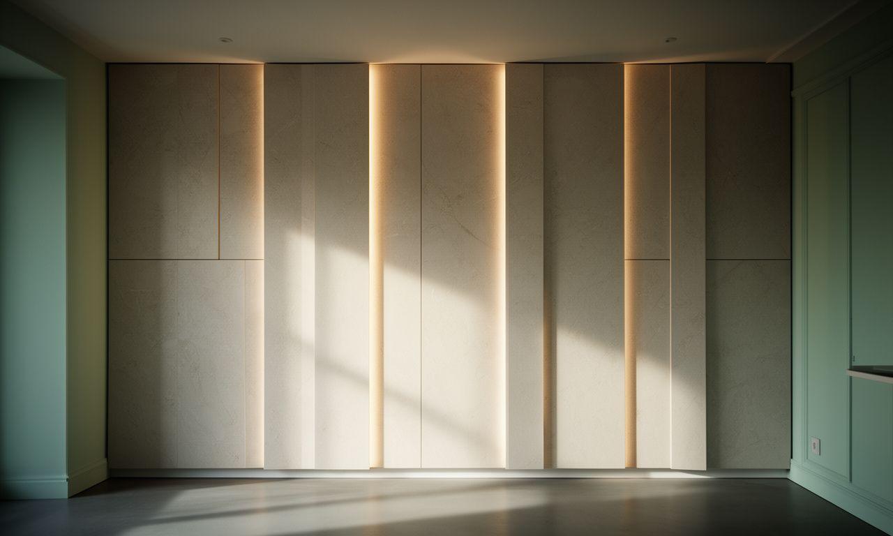 Moderne Wand mit dekorativen Paneelen in Zürich, dramatisches Licht und klare Materialstruktur