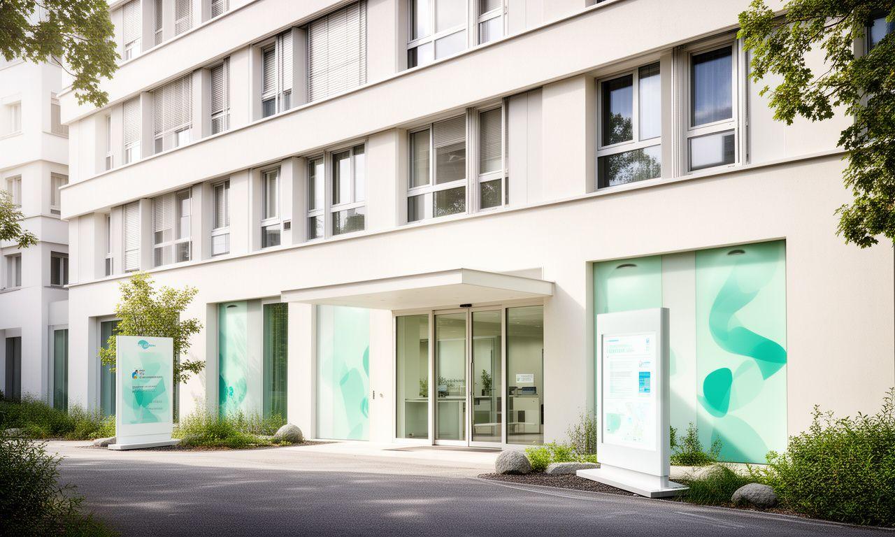 Facade of the Wallisellen office building with a bright reception entrance and decorative wall panel displays near Zürich