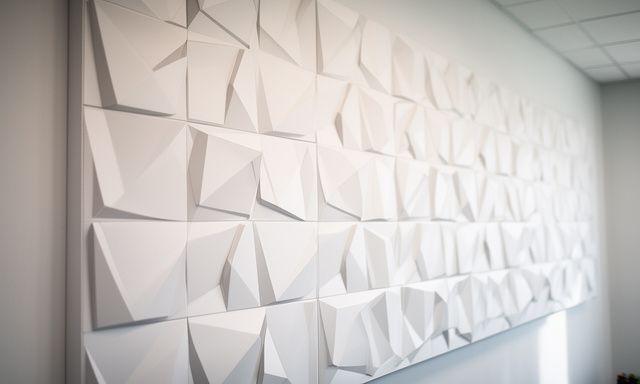 3D-Wandpaneele mit geometrischem Relief an einer hellen Empfangswand